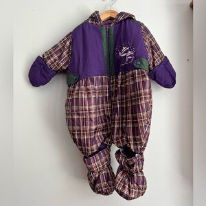Vintage Colors Plaid Purple Snowsuit with Penguins & Mitts & Booties 12M Baby